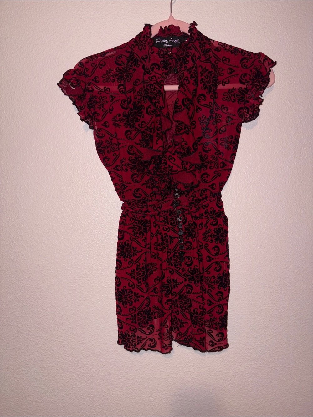 Black and wine red tie back ruffle top